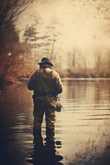 Retro vintage photo of man fishing on a lake