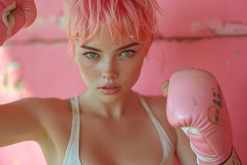 Pink Hair, Freckles, and Boxing Gloves: A Fierce Female Boxer Generative AI - obrazy, fototapety, plakaty