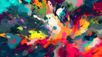 Bright artistic splashes, Abstract painting with a dynamic mix of swirling colors including red, blue, yellow, white, and green