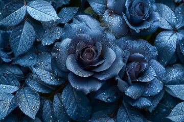 fully tileable repeat seamless background of frosted black / blue roses. floral flower background of frosty roses
