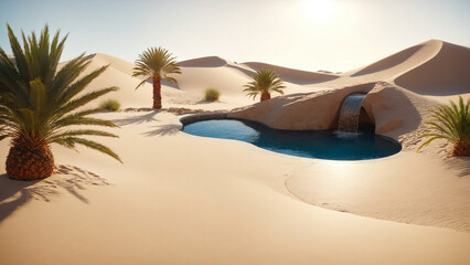an oasis pool in the middle of a desert with palm trees
