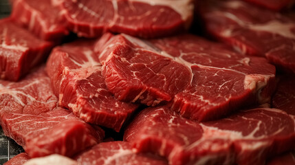 Obraz premium beef, steaks ingredients, Fresh raw beef steaks on a white grill, ready for cooking, showcasing the raw meat's red color and marbled fat, emphasizing the ingredients