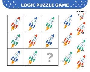 Logic puzzle game. Space rocket. For kids. Cartoon
