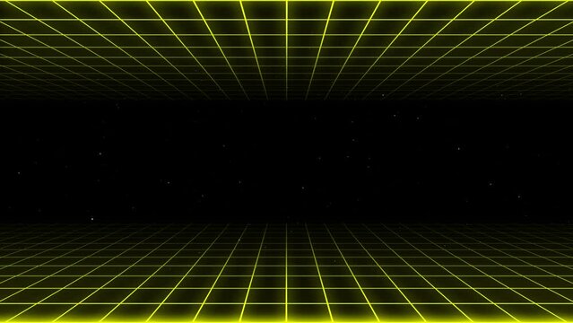 A nostalgic retro synthwave looping yellow grid motion graphic animation with black star sky background in 4k UHD 30p