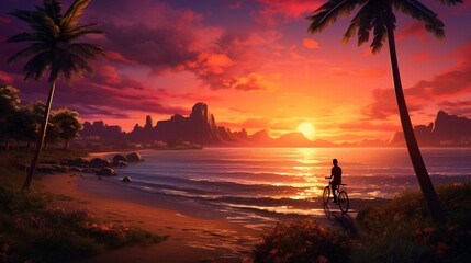 Amidst a virtual sunset, the racing bicycle cruises along a digital shoreline, blending speed with serene surroundings in a picturesque world.