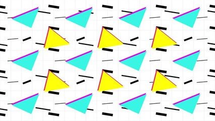 A nostalgic memphis style looping shape motion graphic animation with white background and colourful triangles and other shapes in 4k UHD 30p