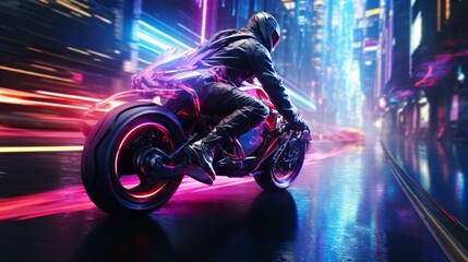 In a futuristic cyberpunk cityscape, a high-performance racing bicycle zips through the neon-lit streets, mastering every twist and turn.