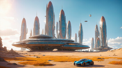 futuristic sci-fi city in desert with futuristic cars