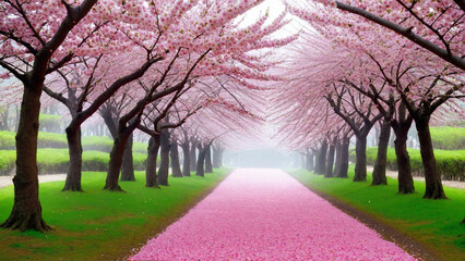 a path lined with pink blossomed trees in the middle of a field