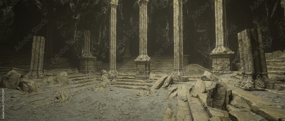 Poster Dark dusty ruin of an ancient fantasy temple built into a mountain. Panoramic 3D render.