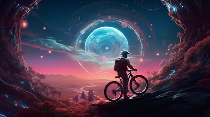 In a surreal, landscape, the racing bicycle takes on a challenging course filled with holographic obstacles, showcasing its ability to navigate intricate digital terrains with finesse.