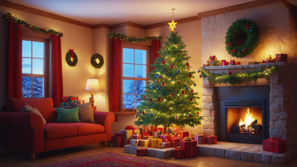 a living room with a christmas tree, presents and a fireplace