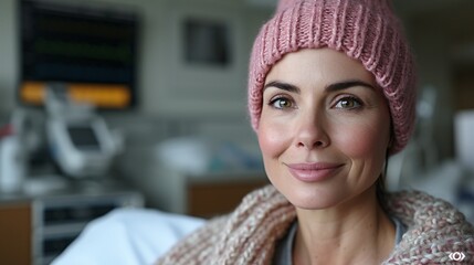 Pink Beanie Season: A Woman's Smile in a Hospital Bed Generative AI