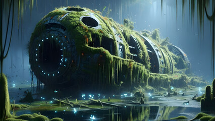 Derelict Spaceship Submerged in Alien Swamp with Luminescent Life and Forgotten Civilization Remnants