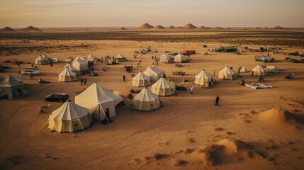 Aerial view of typical desert camp conducts desert safari tours - obrazy, fototapety, plakaty