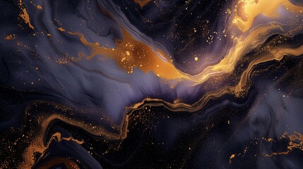 An ethereal and elegant abstract show created by the cosmic collision of celestial lavender, brilliant gold, and velvety black on a flawless marble canvas. 
 - obrazy, fototapety, plakaty
