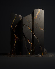 Podium of black slate rocks with gold streaks