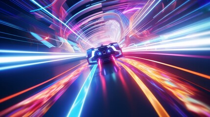 Naklejka na ściany i meble The blur of colors as a futuristic bicycle speeds through a virtual racing circuit, creating a sense of dynamic energy.