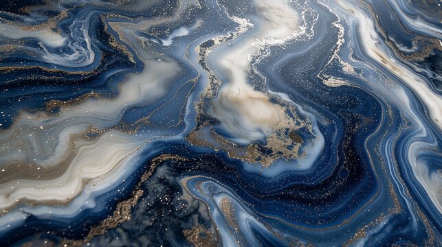 A fusion of celestial blue, cosmic navy, and starry silver swirls together in a cosmic dance on a polished marble surface, crafting a mesmerizing and celestial abstract tableau.