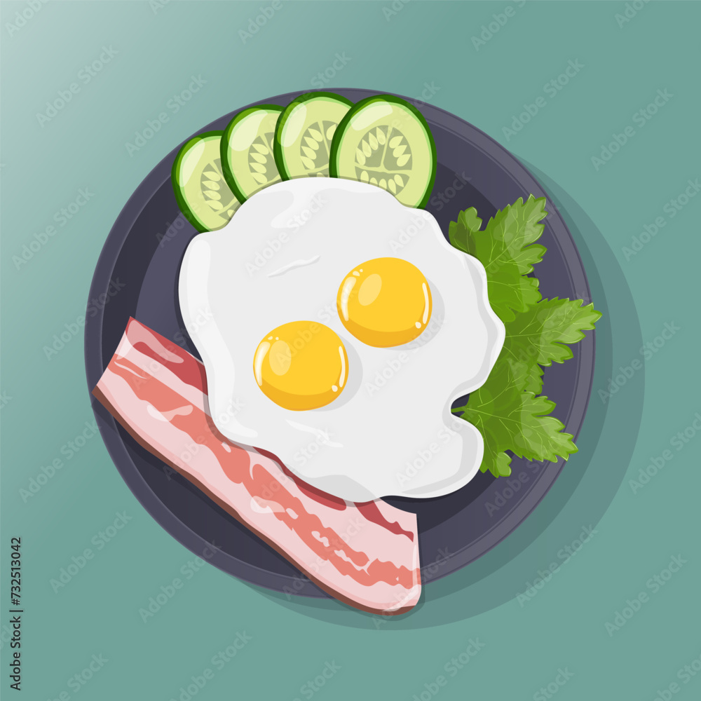 Poster vector illustration of fried egg on plate with herbs, cucumber and bacon. image of scrambled eggs wi