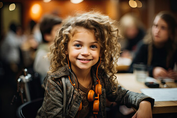 Fototapeta na wymiar Little girl wearing headphones sits at a table, engrossed in the enchanting melodies secluded within.
