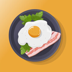 Vector illustration fried egg on plate with parsley and bacon. Image of scrambled eggs with shadows on isolated background.