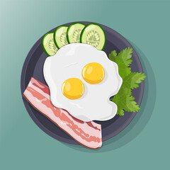 Vector illustration of  fried egg on plate with herbs, cucumber and bacon. Image of scrambled eggs with shadows on  isolated background.