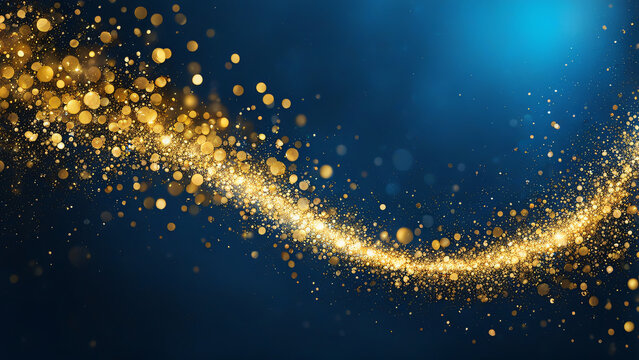 Abstract gold and blue glitter bokeh on blue background. Festive background.