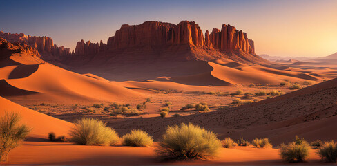 Sand dunes in the desert at sunset. Morocco. Africa.