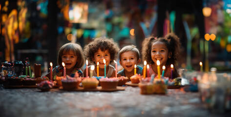 Fototapeta na wymiar people at the birthday party, child with birthday cake, a excitement of a child blowing out birthday candles surrounded by friends and family, with colorful decorations and genuine smiles photograph