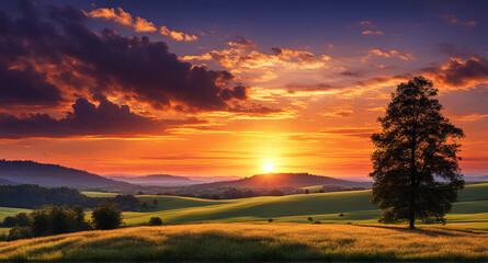 Sunset in Tuscany, Italy. Rural landscape at springtime.