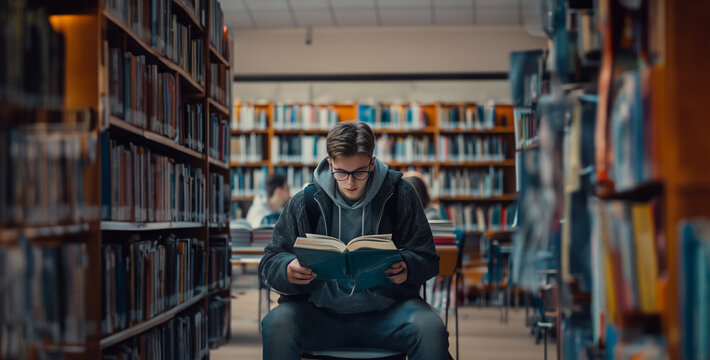 Person In Library, A Focus And Determination Of A Student Studying In A Modern Library, Surrounded By Books And Digital Resources 