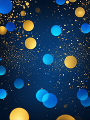 Abstract gold and blue glitter bokeh on blue background. Festive background.