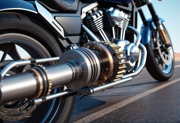 motorcycle is shown from the close-up view of its gear and engine. The background blurs