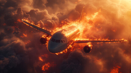 Naklejka na ściany i meble Illustration of a burning plane flying high in the sky, tragedy in the sky, dark sky, people in danger.