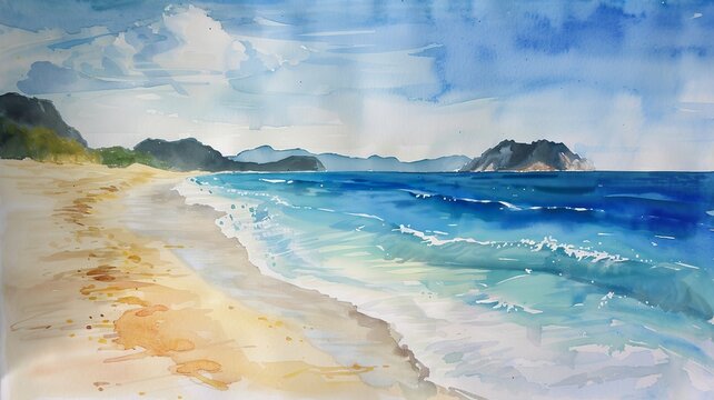 watercolor painting, beach picture created by artificial intelligence