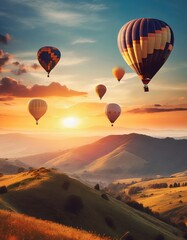 Colorful hot air balloons flying over misty morning sunrise, Sunrise Mountain View of mountains and lake has a floating balloon in the sky