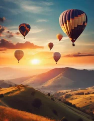 Poster Colorful hot air balloons flying over misty morning sunrise, Sunrise Mountain View of mountains and lake has a floating balloon in the sky © Komain Techanadta
