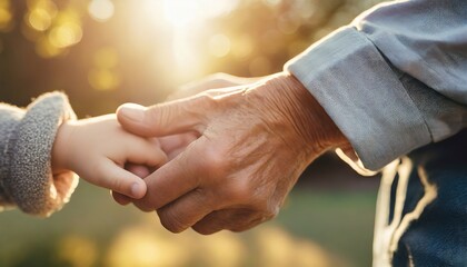 Old woman's hand and a kids holding hands, Holding baby hand, Senior and young holding hands - obrazy, fototapety, plakaty