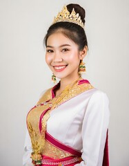 Portrait asian pretty woman posing with smiling in Thai dress costume, Welcome expression Sawasdee,  Asian women showing a warm friendly welcome, white background