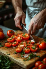 Fotobehang Chef Expertly Slicing Tomatoes on Wooden Board, Surrounded by Fresh Vegetables on Countertop © yevgeniya131988