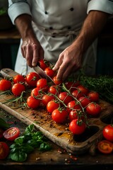 Chef Expertly Slicing Tomatoes on Wooden Board, Surrounded by Fresh Vegetables on Countertop