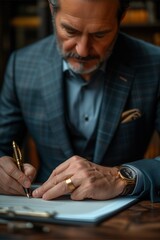 Fototapeta premium Businessman Uses Elegant Pen to Sign Contract in Sleek Modern Office