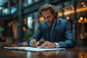 Obraz premium Businessman Uses Elegant Pen to Sign Contract in Sleek Modern Office