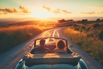 A young couple drives along a country road in an open-top car at sunset. AI generative - obrazy, fototapety, plakaty