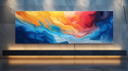 Bright flashes of electric blue, sunlight gold, and flaming vermillion create a lively and energising abstract painting on a polished marble surface. 