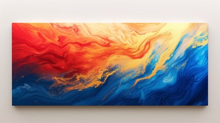 Vibrant bursts of fiery vermillion, electric blue, and sunlit gold forming an energetic and dynamic abstract composition on a sleek marble canvas. 