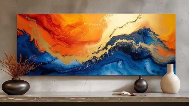 On a polished marble canvas, vivid flashes of electric blue, sunny gold, and blazing vermillion create an abstract composition that is dynamic and full of energy. 