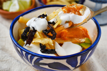 メキシコのスープ　ソパ・デ・トルティージャ（ソパ・アステカ）コピースペースあり
 Mexican soup　Sopa de Tortilla (Sopa Azteca）with copy space
