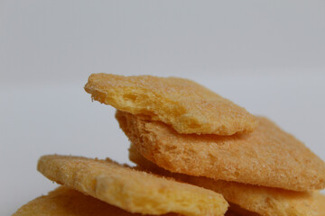 Rice crackers with powder flavoring, isolated on white background